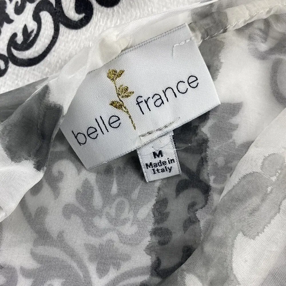 Belle France White & Gray Sheer Silk Blend Cover-Up Blouse Roll Tab Sleeves M - Picture 8 of 9